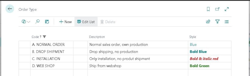 Business Central Order Type list with custom codes, descriptions, and color styles