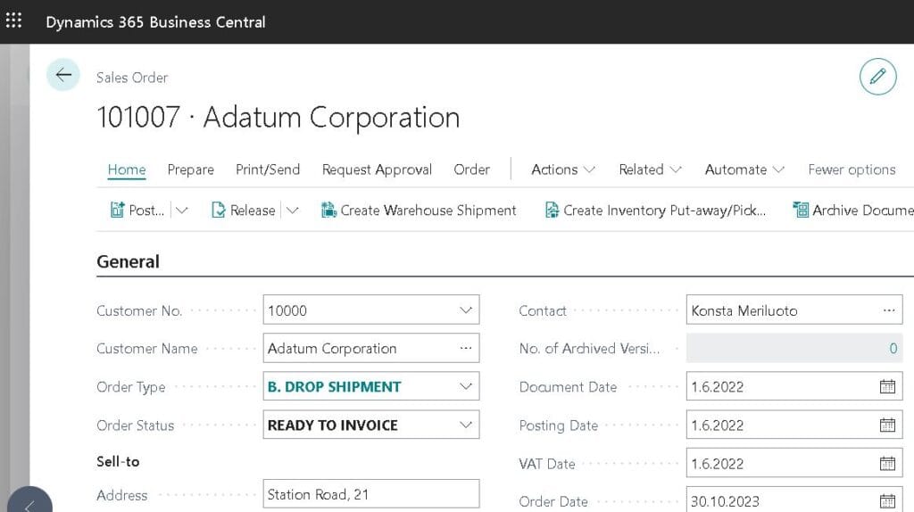Business Central Sales Order card showing custom Order Type and Order Status fields