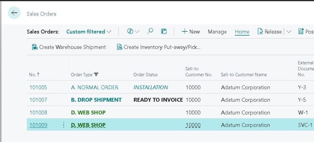 Business Central Sales Orders list with custom Order Type and Order Status fields highlighted.