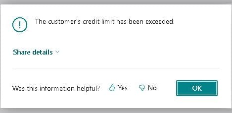 Business Central warning message: The customer’s credit limit has been exceeded.