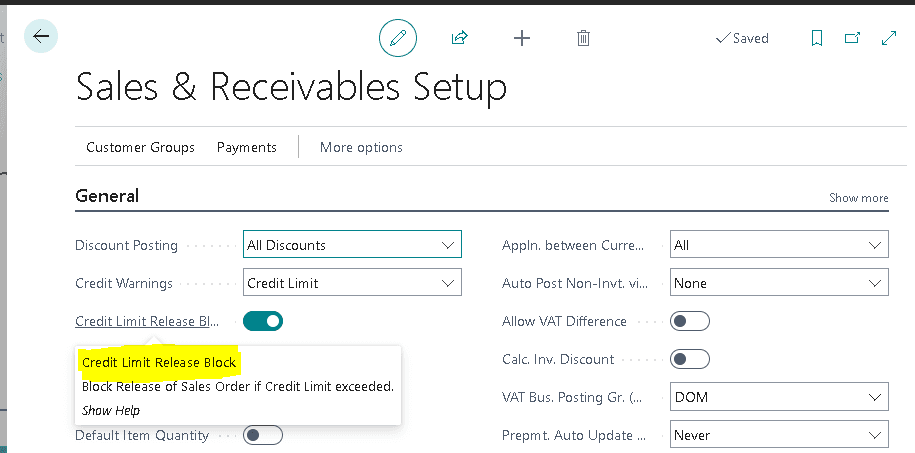 Business Central Sales & Receivables Setup showing the Credit Limit Release Block option to block release of sales orders if the credit limit is exceeded.