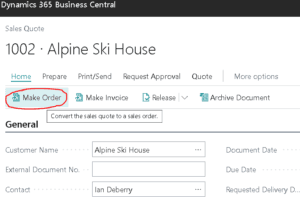 Business Central Sales Quote page showing the ‘Make Order’ action to convert a quote into a sales order