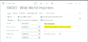 Business Central Purchase Order with new Work Description field showing an example text entry.